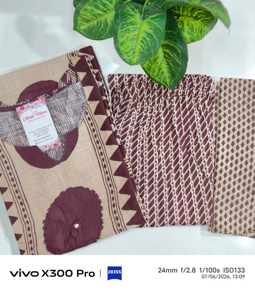 Slab Cotton 3-Piece Kurti Set – Light Brown