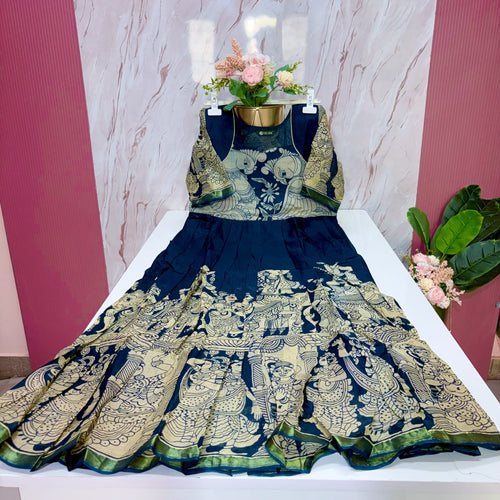 Premium Navy Blue Kalamkari Umbrella Dress