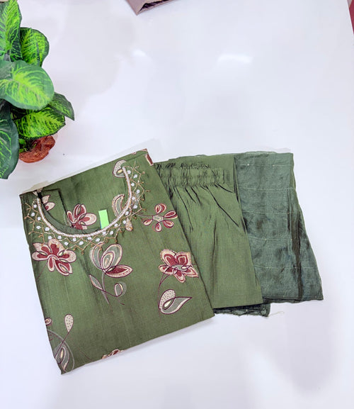 Fancy 3 Piece Matti Fabric Straight Cut Salwar Set with Sleeveless Kurti – Olive Green