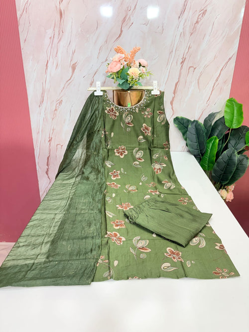 Fancy 3 Piece Matti Fabric Straight Cut Salwar Set with Sleeveless Kurti – Olive Green