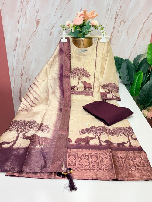 Fancy 3 Piece Jacquard Straight Cut Salwar Set with Banarasi Weave Dupatta – Cream & Wine