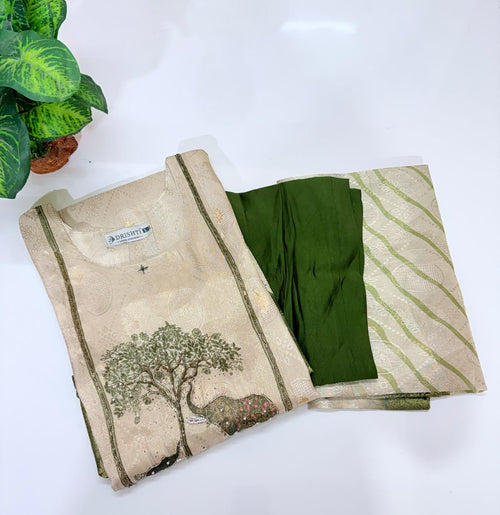 Fancy 3 Piece Jacquard Straight Cut Salwar Set with Banarasi Weave Dupatta – Cream & Olive Green