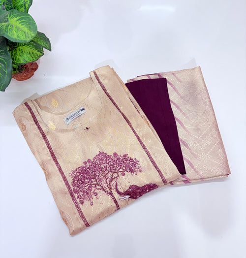 Fancy 3 Piece Jacquard Straight Cut Salwar Set with Banarasi Weave Dupatta – Cream & Wine