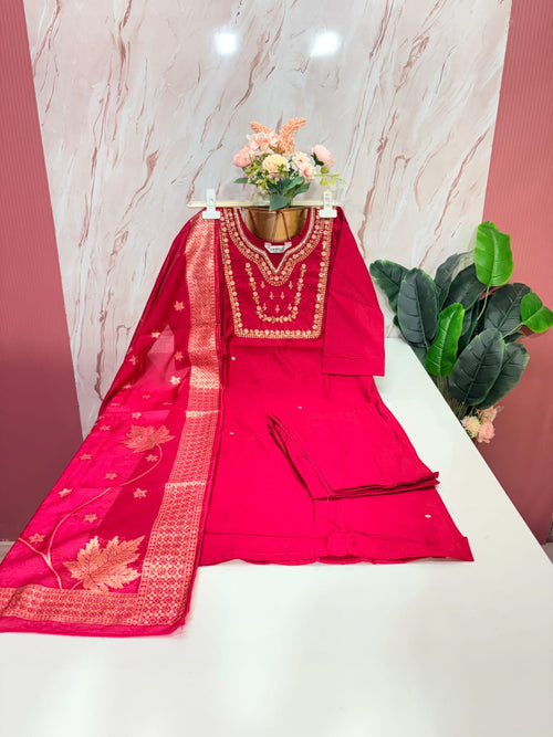 Fancy 3 Piece Roman Silk Straight Cut Salwar Set with Banarasi Dupatta – Rani Pink