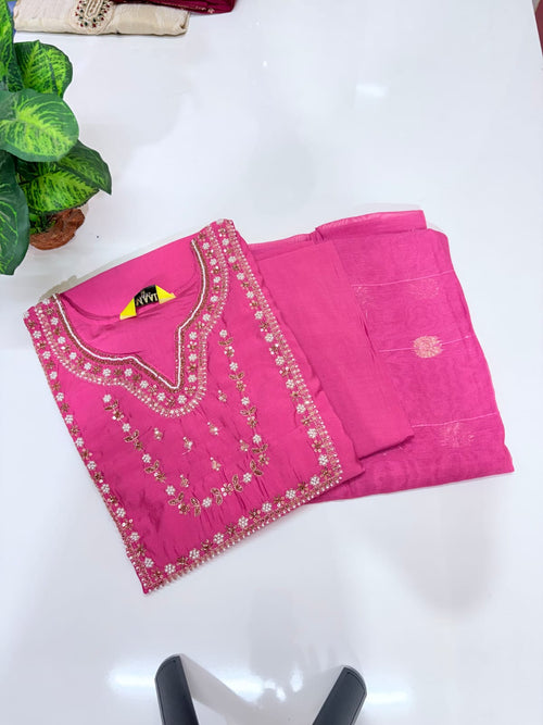 Fancy 3 Piece Roman Silk Straight Cut Salwar Set with Banarasi Dupatta – Hot Pink
