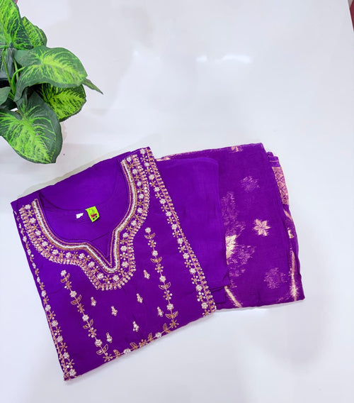 Fancy 3 Piece Roman Silk Straight Cut Salwar Set with Banarasi Dupatta – Royal Purple