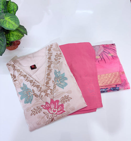 Fancy 3 Piece Glass Fabric Straight Cut Salwar Set with Organza Dupatta – Cream & Pink
