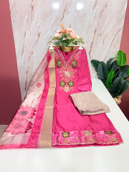 Fancy 3 Piece Glass Fabric Straight Cut Salwar Set with Organza Dupatta – Pink