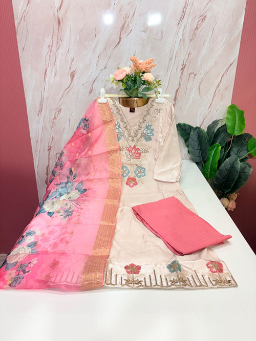 Fancy 3 Piece Glass Fabric Straight Cut Salwar Set with Organza Dupatta – Cream & Pink
