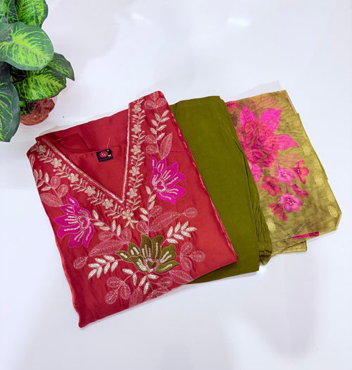 Fancy 3 Piece Glass Fabric Straight Cut Salwar Set with Organza Dupatta – Rust Orange