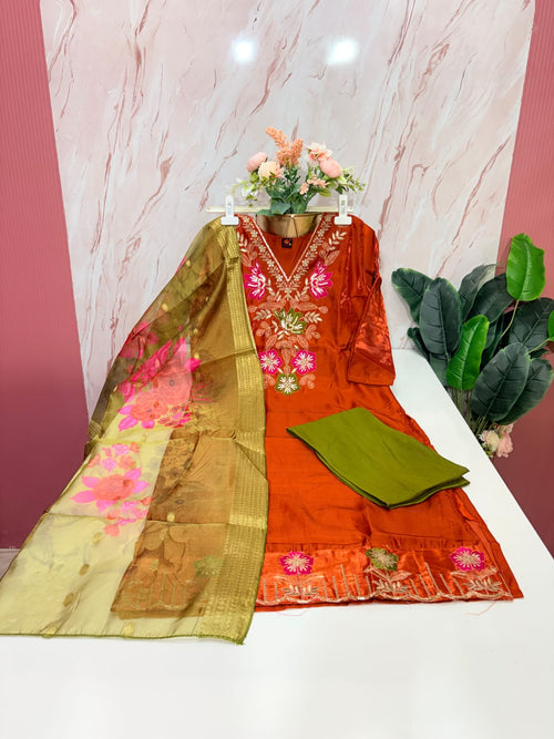 Fancy 3 Piece Glass Fabric Straight Cut Salwar Set with Organza Dupatta – Rust Orange