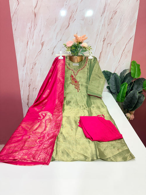 Olive Green Tissue Shimmer Straight Cut Suit Set with Banarasi Dupatta
