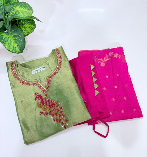 Olive Green Tissue Shimmer Straight Cut Suit Set with Banarasi Dupatta