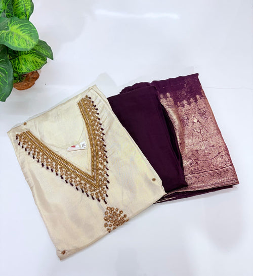 Ivory Tissue Shimmer Straight Cut Suit Set with Banarasi Weave Dupatta