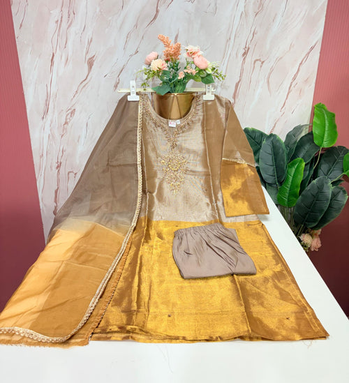 Golden Beige Half & Half tissue Straight Cut Suit Set with Organza Dupatta