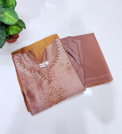 Golden Beige Half & Half tissue Straight Cut Suit Set with Organza Dupatta