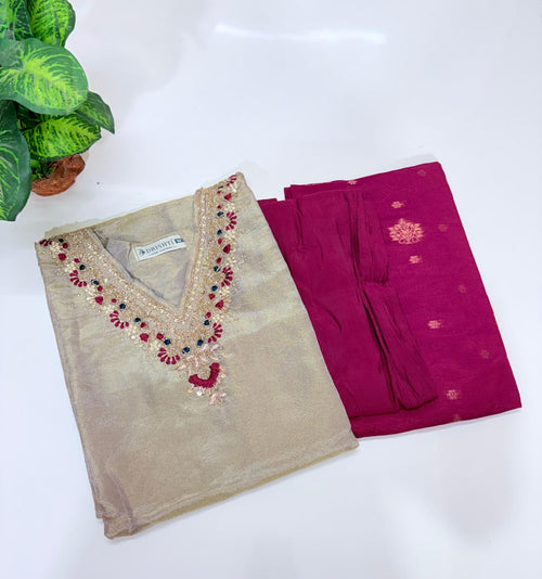 Champagne Gold Tissue Shimmer Straight Cut Suit Set with Banarasi Dupatta