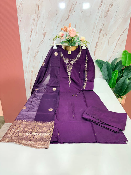Royal Purple Silk Straight Cut Suit Set with Banarasi Weave Dupatta