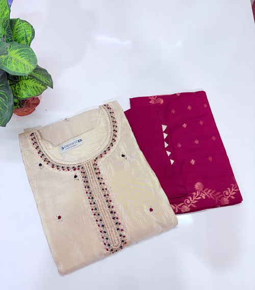 Ivory Tissue Straight Cut Suit Set with Banarasi Weave Dupatta