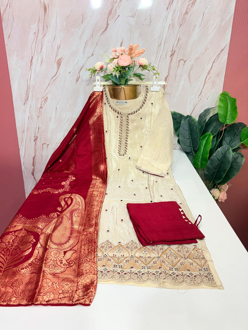 Ivory Tissue Straight Cut Suit Set with Banarasi Weave Dupatta