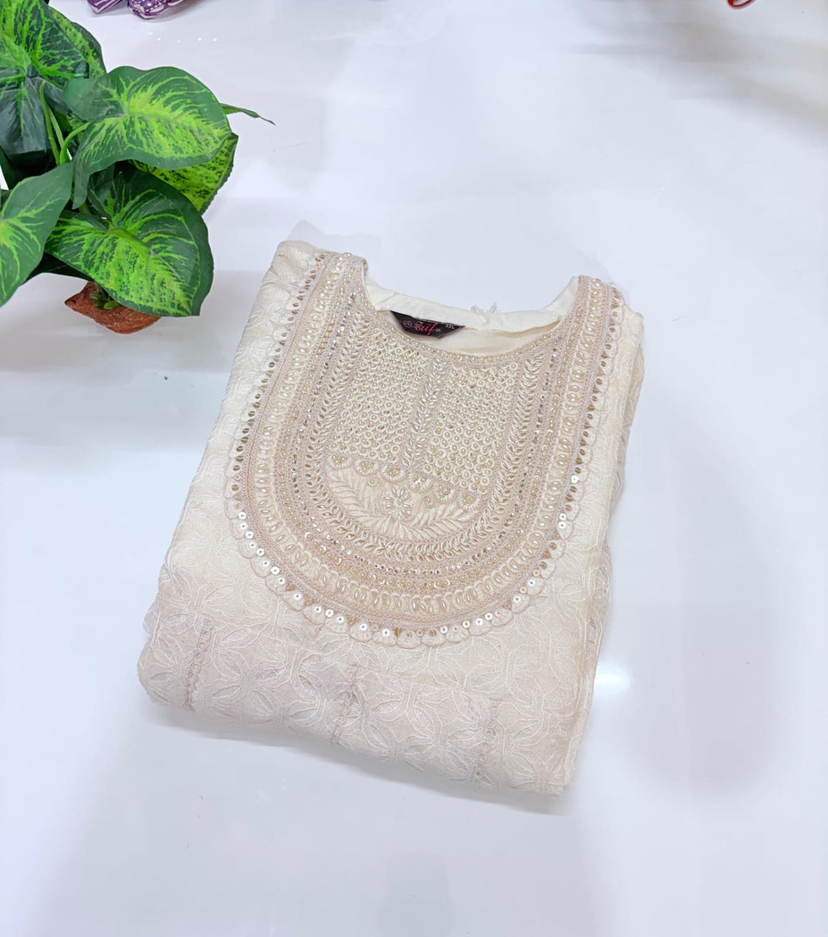 Premium Full Lace Work Anarkali Kurti – Cream