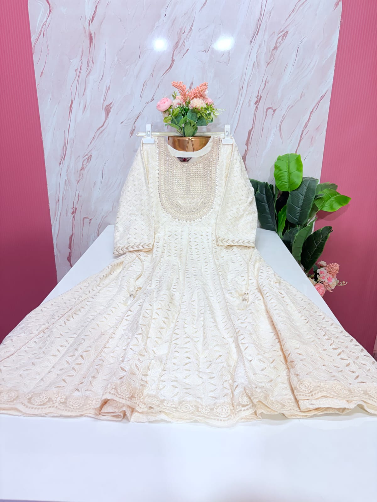 Premium Full Lace Work Anarkali Kurti – Cream