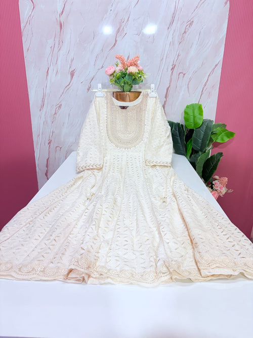 Premium Full Lace Work Anarkali Kurti – Cream