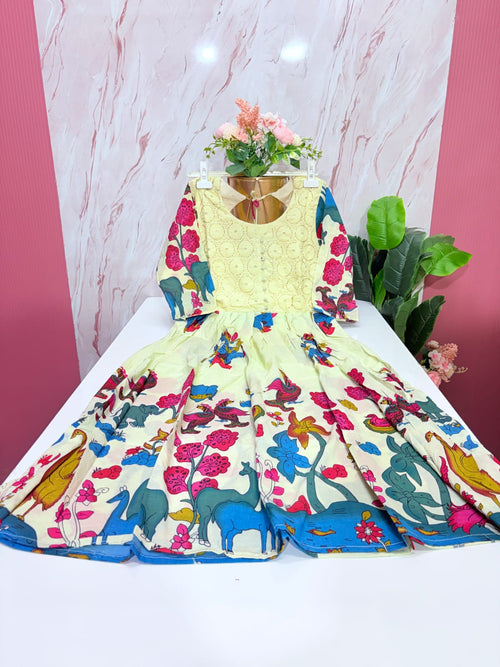 Cotton Kalamkari Print Anarkali Kurti – Hakoba Embroidered Yoke