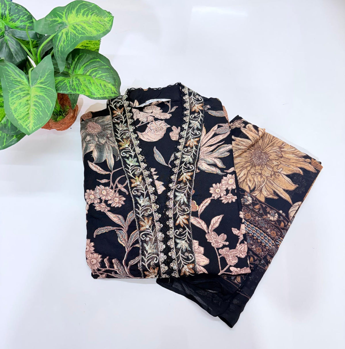 Rayon Floral Print Single Umbrella Kurti Set with Dupatta – Black