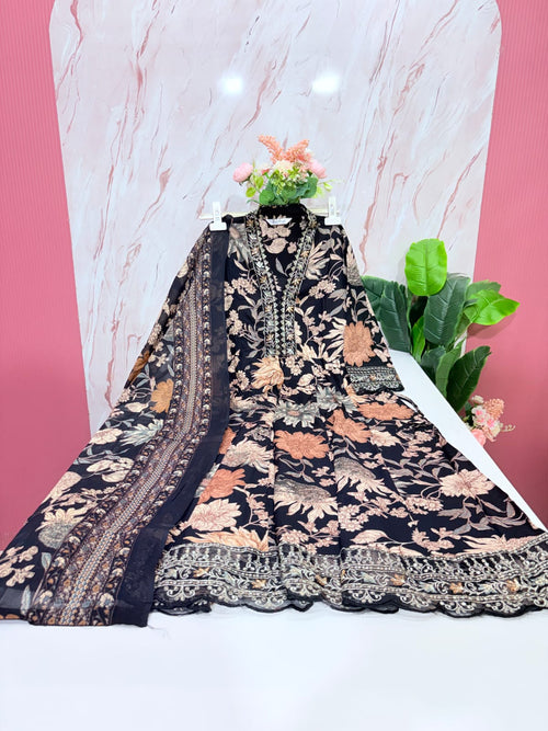 Rayon Floral Print Single Umbrella Kurti Set with Dupatta – Black