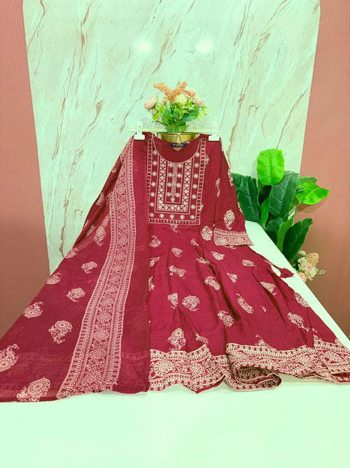 Rayon Single Umbrella Kurti Set with Dupatta – Red | Ethnic Print
