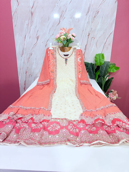 Cotton Single Umbrella Kurti with Georgette Coat – Peach