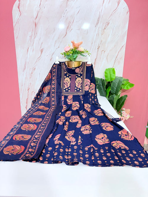 Rayon Single Umbrella Kurti Set with Dupatta – Navy Blue | Designer Yoke