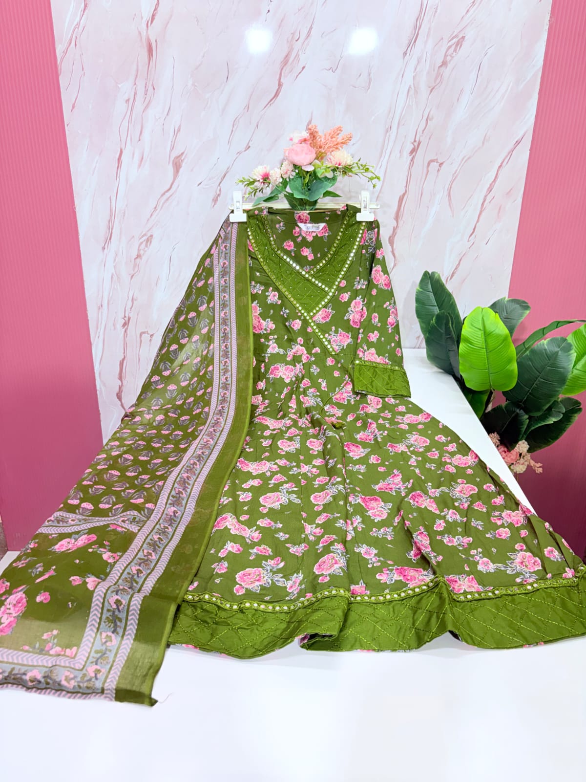 Cotton Single Umbrella Kurti Set with Dupatta – Olive Green | Cross Yoke Detailing