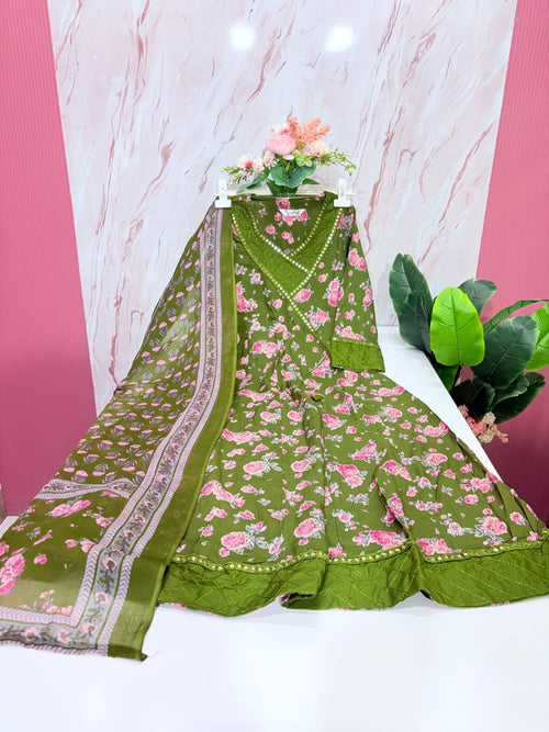 Cotton Single Umbrella Kurti Set with Dupatta – Olive Green | Cross Yoke Detailing