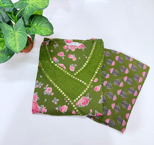 Cotton Single Umbrella Kurti Set with Dupatta – Olive Green | Cross Yoke Detailing