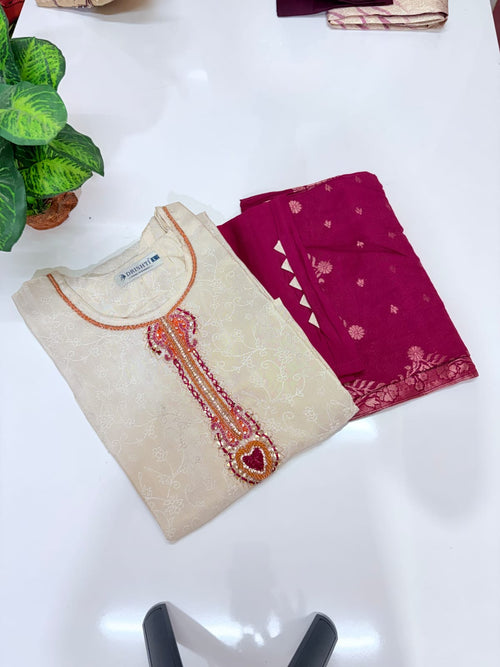 Fancy 3 Piece Jacquard Straight Cut Salwar Set with Banarasi Weave Dupatta