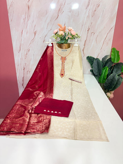 Fancy 3 Piece Jacquard Straight Cut Salwar Set with Banarasi Weave Dupatta