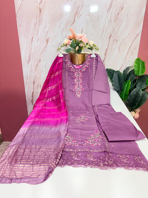 Fancy 3 Piece Roman Silk Straight Cut Salwar Set with Embroidery & Lace Work