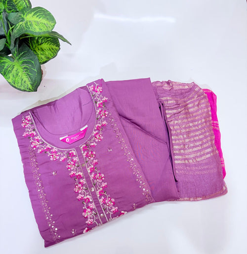 Fancy 3 Piece Roman Silk Straight Cut Salwar Set with Embroidery & Lace Work