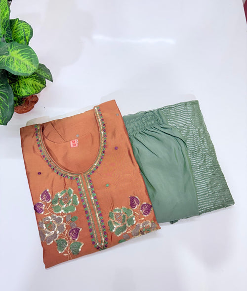 Fancy 3 Piece Roman Silk Straight Cut Salwar Set with Embroidered Neck – Mustard & Sage Green
