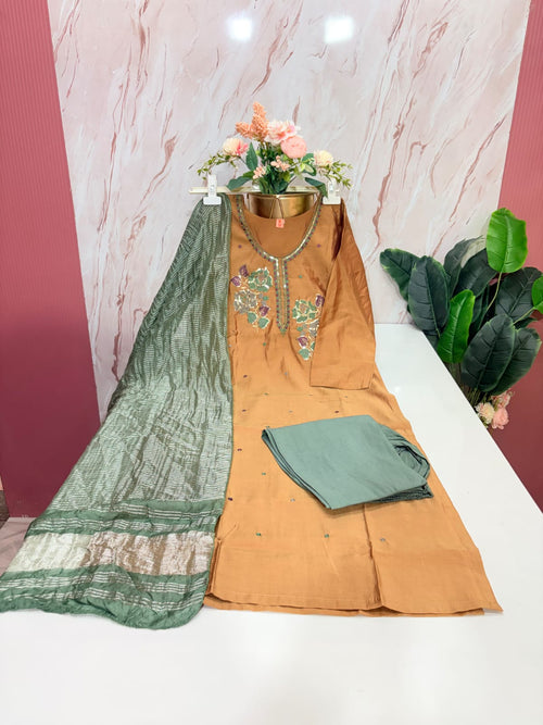 Fancy 3 Piece Roman Silk Straight Cut Salwar Set with Embroidered Neck – Mustard & Sage Green