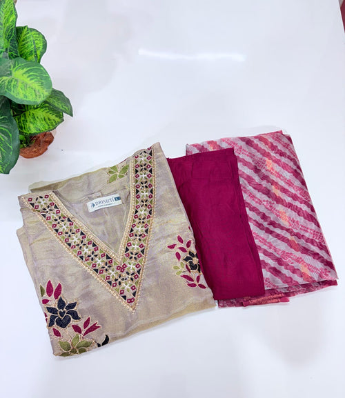 Fancy 3 Piece Tissue Shimmer Straight Cut Salwar Set with Organza Dupatta – Champagne Gold & Maroon