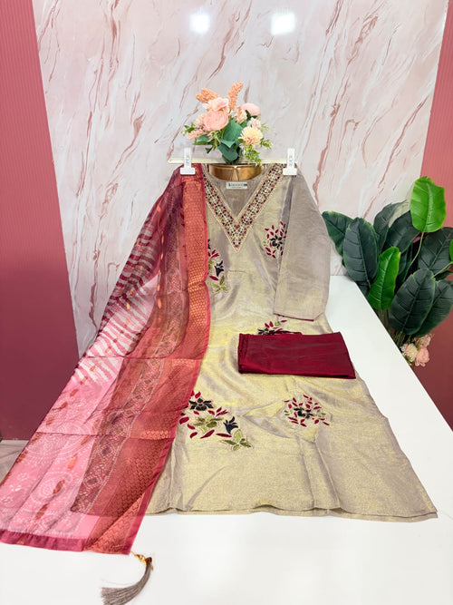 Fancy 3 Piece Tissue Shimmer Straight Cut Salwar Set with Organza Dupatta – Champagne Gold & Maroon