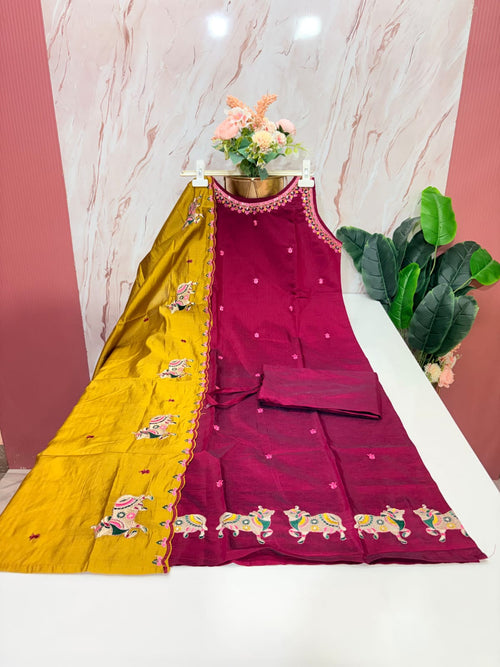 Fancy 3 Piece Roman Silk Straight Cut Sleeveless Salwar Set with Embroidered Scallop Dupatta – Wine & Mustard