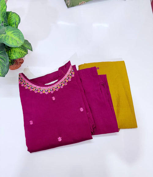 Fancy 3 Piece Roman Silk Straight Cut Sleeveless Salwar Set with Embroidered Scallop Dupatta – Wine & Mustard