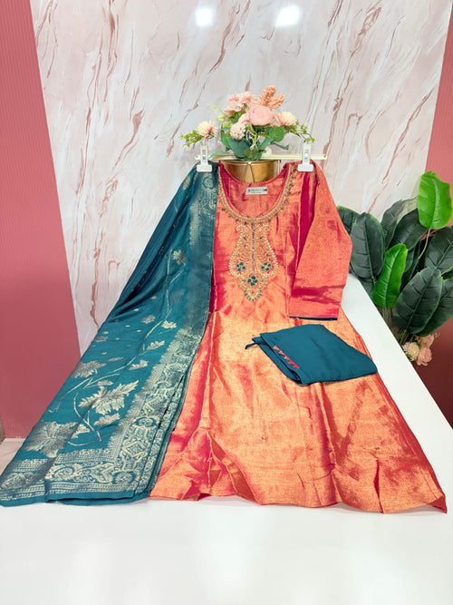 Peach Tissue Shimmer Straight Cut Suit Set with Banarasi Weave Dupatta