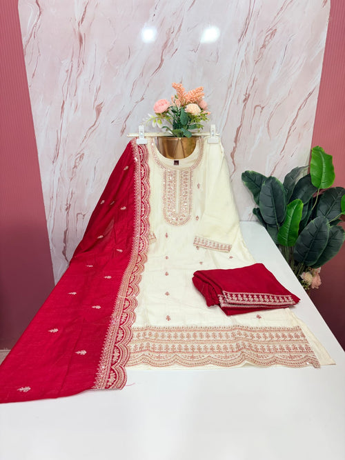 Ivory Straight Cut Embroidered Suit Set with Contrast Dupatta