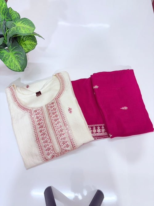 Ivory Straight Cut Embroidered Suit Set with Contrast Dupatta