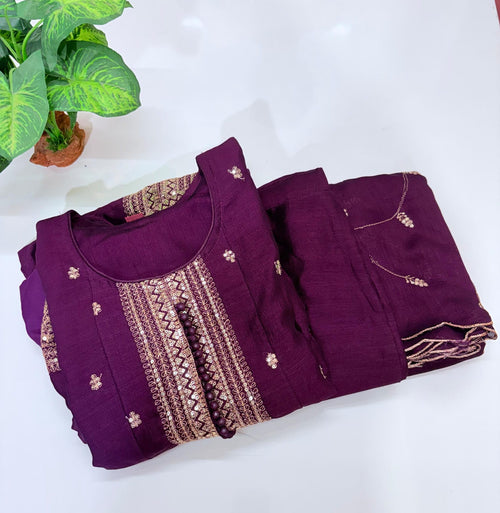 Royal Purple A-Line Embroidered Suit Set with Scallop Dupatta